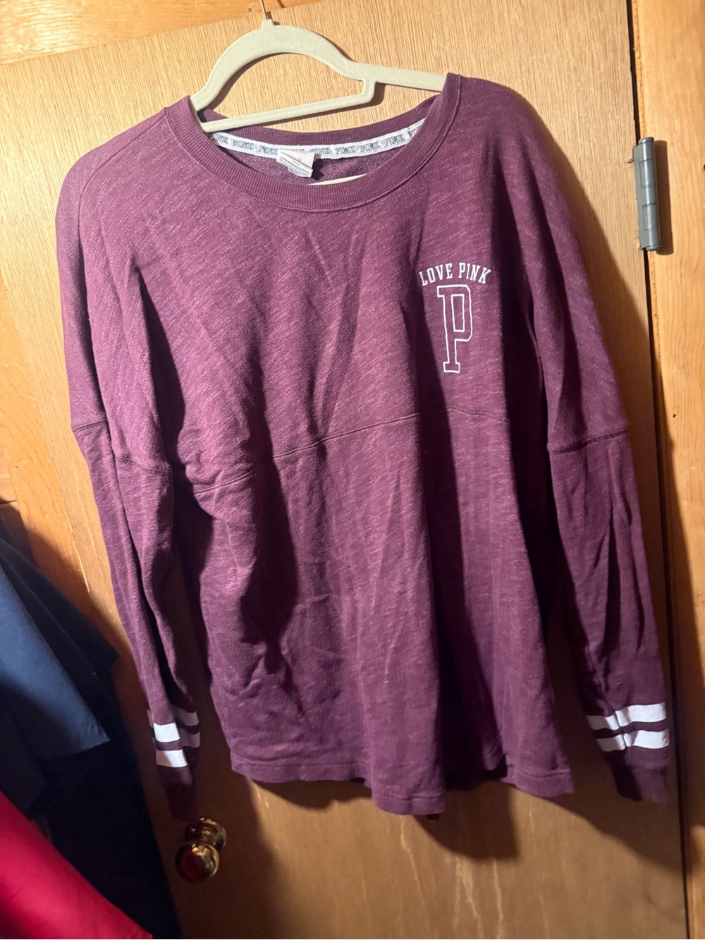 PINK Victoria's Secret Maroon Crewneck Sweatshirt with Stripe Cuffs